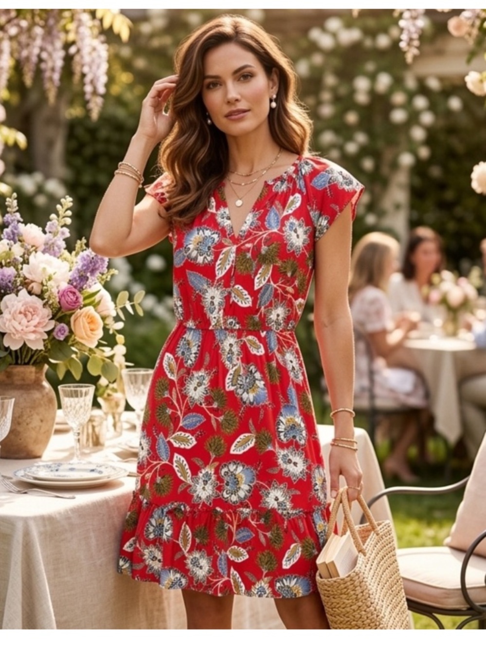 LOFT Petites Red Floral Flutter Sleeve Dress Ruffle Hem Sz MP medium‎ petite EUC
